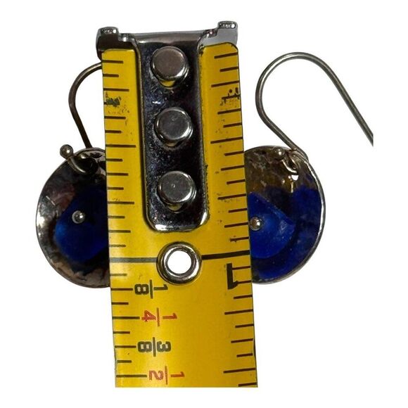 Vintage Sterling Silver & Cobalt Blue Sea Glass Dangle Earrings Hammered Finish - Picture 5 of 5